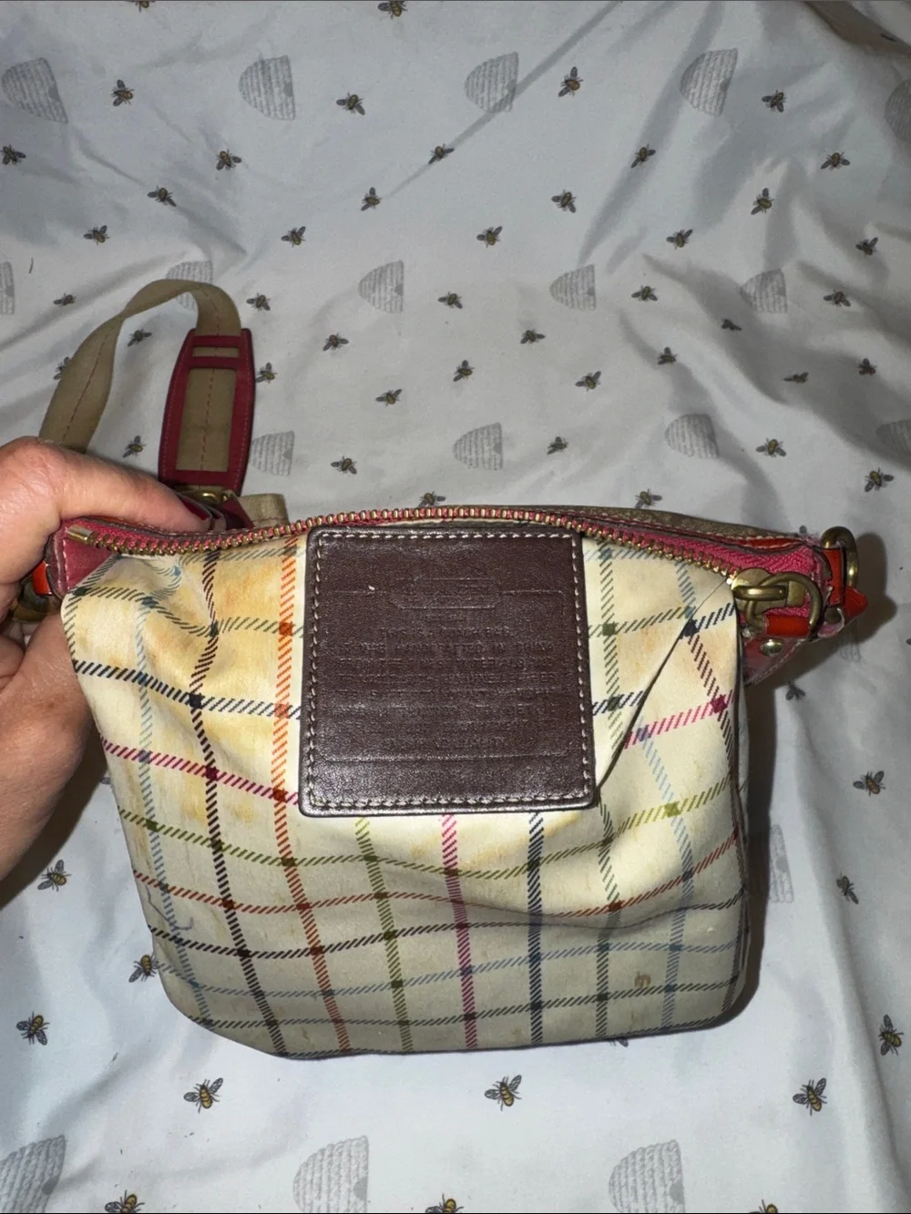 Coach Brown Signature Crossbody with Pink Center Stripe and Red Trim